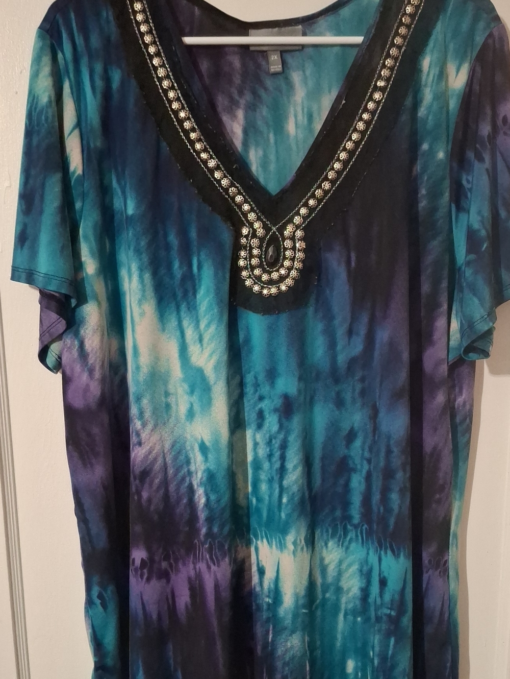 Essentials Beaded V-Neck Tie-Dye Tunic - Blue Purple